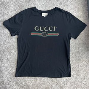 Oversize black washed T-shirt with Gucci logo for Men